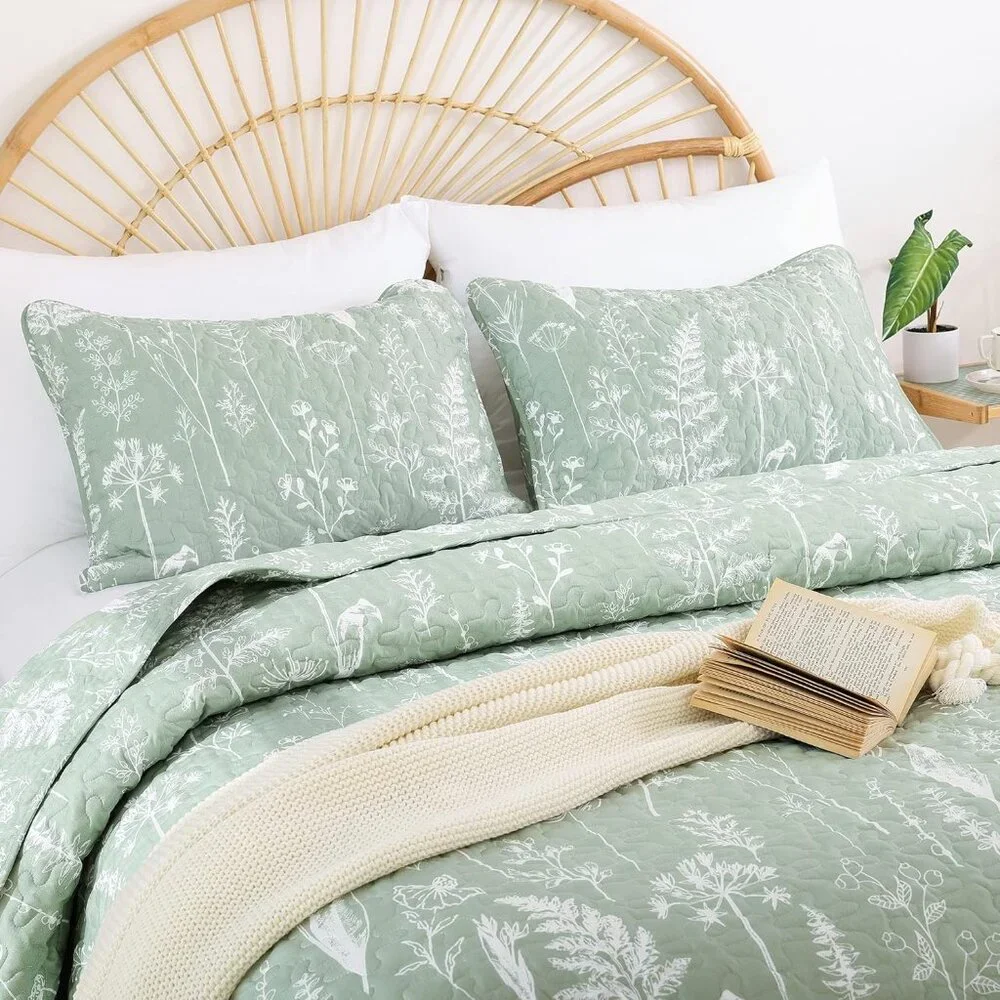 New Quilts Queen Size Sage Green Quilt Botanical with Floral Pattern Microfiber